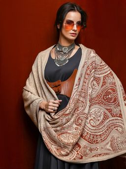 Libas - Beige Ethnic Motif Woven Design Shawl