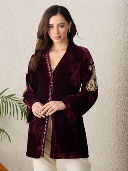 First Resort by Ramola Bachchan - Maroon Paisley Hand Embroidered Velvet Blazer
