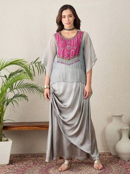 First Resort by Ramola Bachchan - Grey and Purple Hand Embroidered Kaftan Top with Skirt