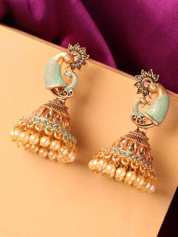 OOMPH - Mint Pink Meenakari and Kundan Pearls Peacock Large Jhumka Earring