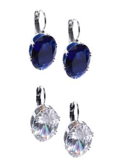 OOMPH - Silver Plated Large Oval Blue & White Cubic Zirconia Fashion Drop Earrings Pack of 2