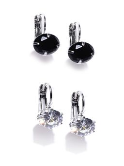 OOMPH - Combo Of 2 Silver Plated Round Cubic Zirconia Black & White Drop Earrings