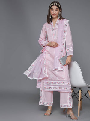 Cotton Schiffli Thread Work Kurta Pant  and  Dupatta