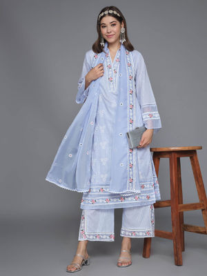 Cotton Schiffli Thread  and  Mirror Work Kurta,Pant  and  Dupatta
