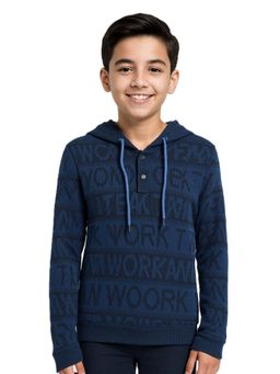 CAVIO - Boys Blue Regular Fit Printed Hooded Sweatshirt
