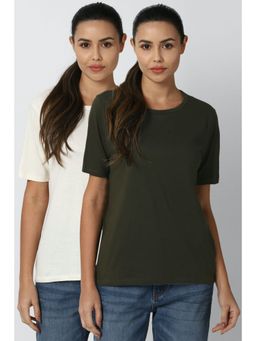 Van Heusen - White And Olive T-shirt (pack Of 2) Solid-plain