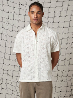 Hubberholme - Men Off White Self Design Schiffli Relaxed Fit Cotton Shirt