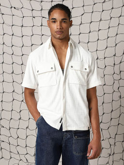 Hubberholme - Men White Self Design Oversized Fit Short Sleeves Shirt