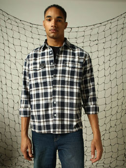 Hubberholme - Men Navy Blue Checks Oversized Fit Cotton Collar Long Sleeves Shirt
