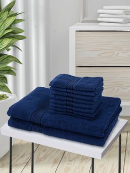 KOPA - 10Pc Quick Dry 100% Cotton Soft Terry Towel -2Pc Bath, 8Pc Face D'Ross Solid-Navy Blue