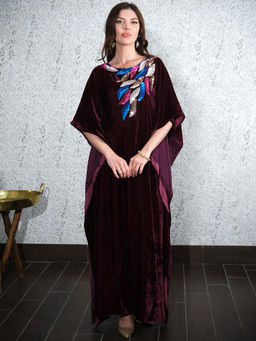 First Resort by Ramola Bachchan - Wine Embroidered Silk Velvet Full Length Kaftan