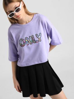ONLY - Lavender Printed-text Boxy Fit T-shirt