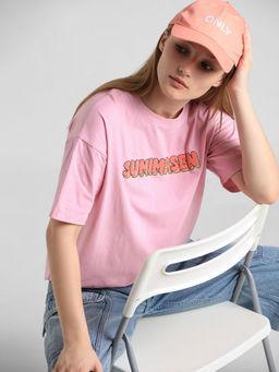 ONLY - Pink Text Print Long T-shirt