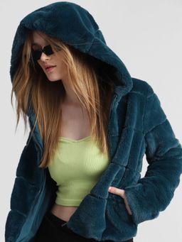 ONLY - Sea Green Faux Fur Hooded Jacket