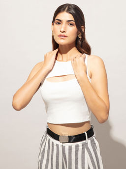 Twenty Dresses by Nykaa Fashion - Basics White Ribbed Cutout Crop Tshirt