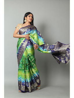 KISHORI - Womens Bandhani and Banarasi Saree and Blouse Fabric-Green-Blue