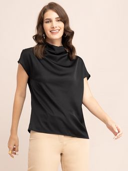 FableStreet - Satin Cowl Neck Top - Black
