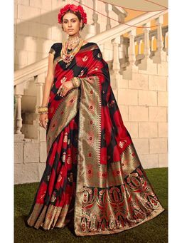 Monjolika Fashion - Black & Red Banarasi Silk Woven Print Saree With Unstiched Blouse