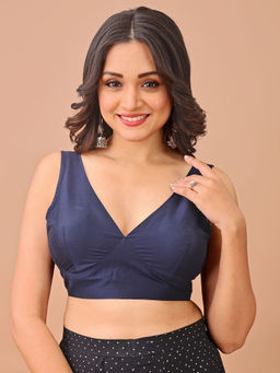 Tikhi Imli - Navy Blue Solid Taffeta Sleeveless Stitched Blouse