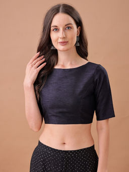 Tikhi Imli - Black Solid Art Silk Half Sleeves Stitched Blouse