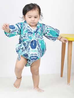 Polka Tots - Cotton 3/4 Sleeve Peacock Print Kimono Onesies - Blue