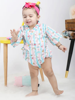 Polka Tots - Cotton 3/4 Sleeve Unicorn Print Kimono Onesies - Blue