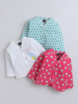 Polka Tots - Cotton Full Sleeve Elephant Print Jabla (Pack of 3) - Multi-Colour