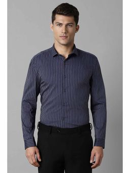 Louis Philippe - Men's Navy Blue Super Slim Fit Stripe Full Sleeves Formal Shirt