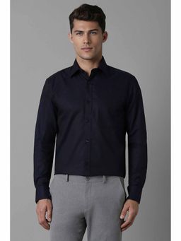 Louis Philippe - Men's Navy Blue Classic Fit Textured Full Sleeves Formal Shirt