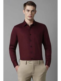 Louis Philippe - Men's Maroon Slim Fit Solid Full Sleeves Formal Shirt