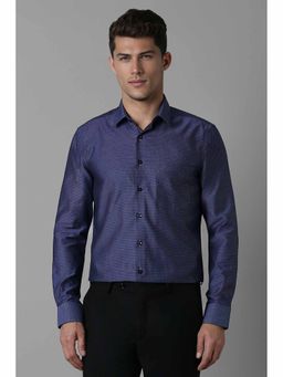 Louis Philippe - Men's Navy Blue Slim Fit Textured Full Sleeves Formal Shirt