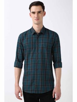Peter England - Men's Blue Slim Fit Checks Shirt