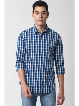 Peter England - Men's Blue Super Slim Fit Checks Full Sleeves Casual Shirt