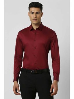 Van Heusen - Men's Maroon Slim Fit Solid Full Sleeves Party Shirt