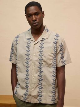 American Eagle - Men's Beige Striped Button-Up Poolside Shirt
