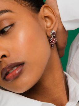 METALM - Oxidised Silver Ethnic Burgundy Drop Earrings For Women