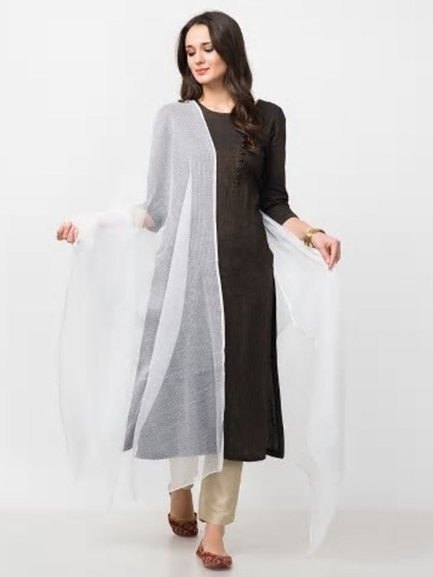 fabindia White Cotton Silk Kota Woven Plain Dupatta-picture-31
