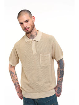 Bonkers Corner - Men Beige Textured Polo T-Shirt