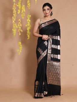 CHARUKRITI - Black Silk Handwoven Zari Woven Floral Designs & Motifs Saree with Unstitched Blouse