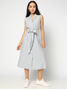 GAP - Women Vertical Stripes Shirt Blue Dress With Belt