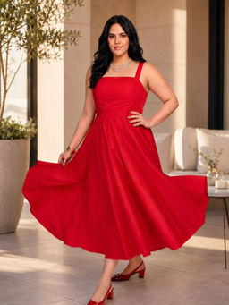 Virgio - Solid Cotton Fit And Flare Plus Size Red Dress