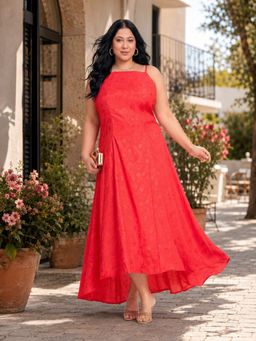 Virgio - Self Designviscose Aline Plus Size Red Dress