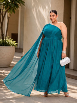 Virgio - Solidviscose One Shoulder Plus Size Green Gown