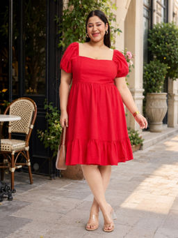 Virgio - Solid Cotton Plus Size Red Dress