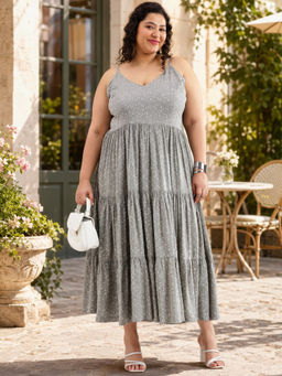 Virgio - Floral Viscose Printed Strappy Plus Size Brown Dress