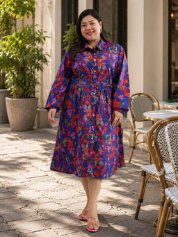 Virgio - All Over Print Cotton Printed Blue Dress With Belt