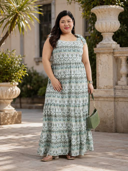 Virgio - Bohemian Viscose Printed Plus Size Green Dress