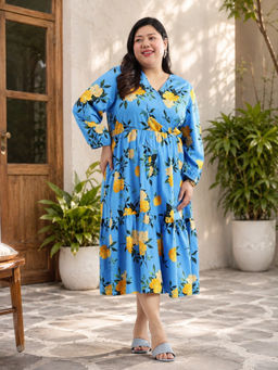 Virgio - Floral Viscose Printed Plus Size Blue Dress