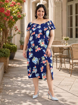 Virgio - Floral Viscose Printed Plus Size Blue Dress
