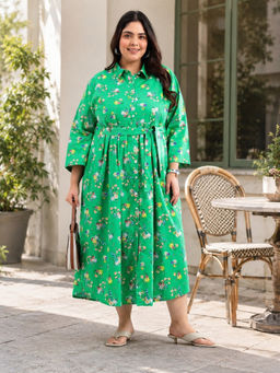 Virgio - Floral Cotton Plus Size Plus Size Green Dress